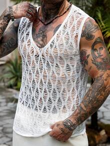 Manfinity Hypemode Áo vest dệt kim nam kiểu dáng casual, thoải mái, khoét lỗ, màu trắng, thích hợp cho kỳ nghỉ hè và đi biển. - trắng - Xem 5