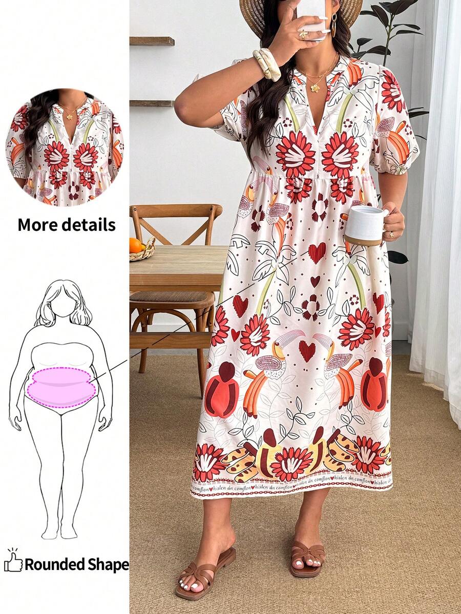 Enliva Vestido de vacaciones para mujer talla grande, vestido de manga corta con estampado divertido, para silueta de manzana y redondeada - Multicolor - Ver 1