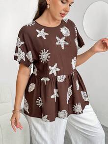 Enliva Plus-Size Casual Vacation Style Blouse With Seashell And Star Embroidery Pattern, Loose A-Line Silhouette, For Apple And Rounded Body Shape Gym Brown - Brown - View 4