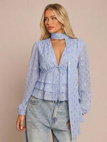 Glamine Chemise décontractée de style français pour femmes avec motif de feuilles dorées métalliques, ruban amovible, ourlet à volants multicouches, convenant à l'automne et à l'hiver - Bleu ciel - Voir 4