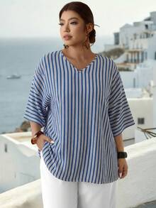 Parysyn 大码女式梭织休闲夏季衬衫 - 藍色 - 查看 4