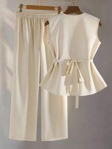 SHEIN PETITE Women's Petite Sleeveless Off-White V-Neck Short Vest Top & Straight-Leg Suit Trousers,Summer Elegant Office Two-Piece Set,Business Professional Wear - Apricot - View 2