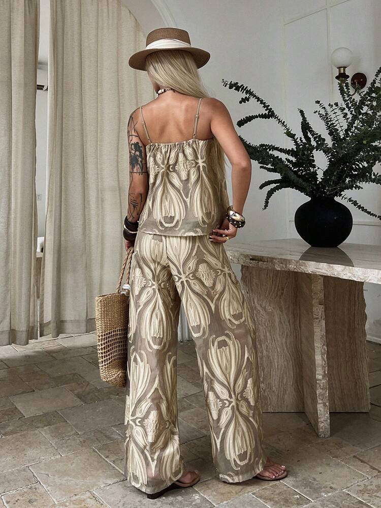 Women's Casual Vacation Style Camisole And Straight Leg Pants 2 Pieces Set, Spring/Summer