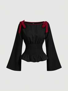 SHEIN MOD 女士撞色蝴蝶结装饰喇叭袖时尚衬衫 - 黑色 - 查看 2