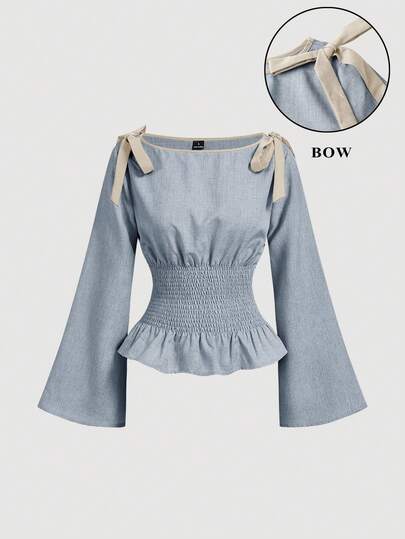 SHEIN MOD Women's Bow Decor Shoulder, Cinched Waist Fashion Blouse
