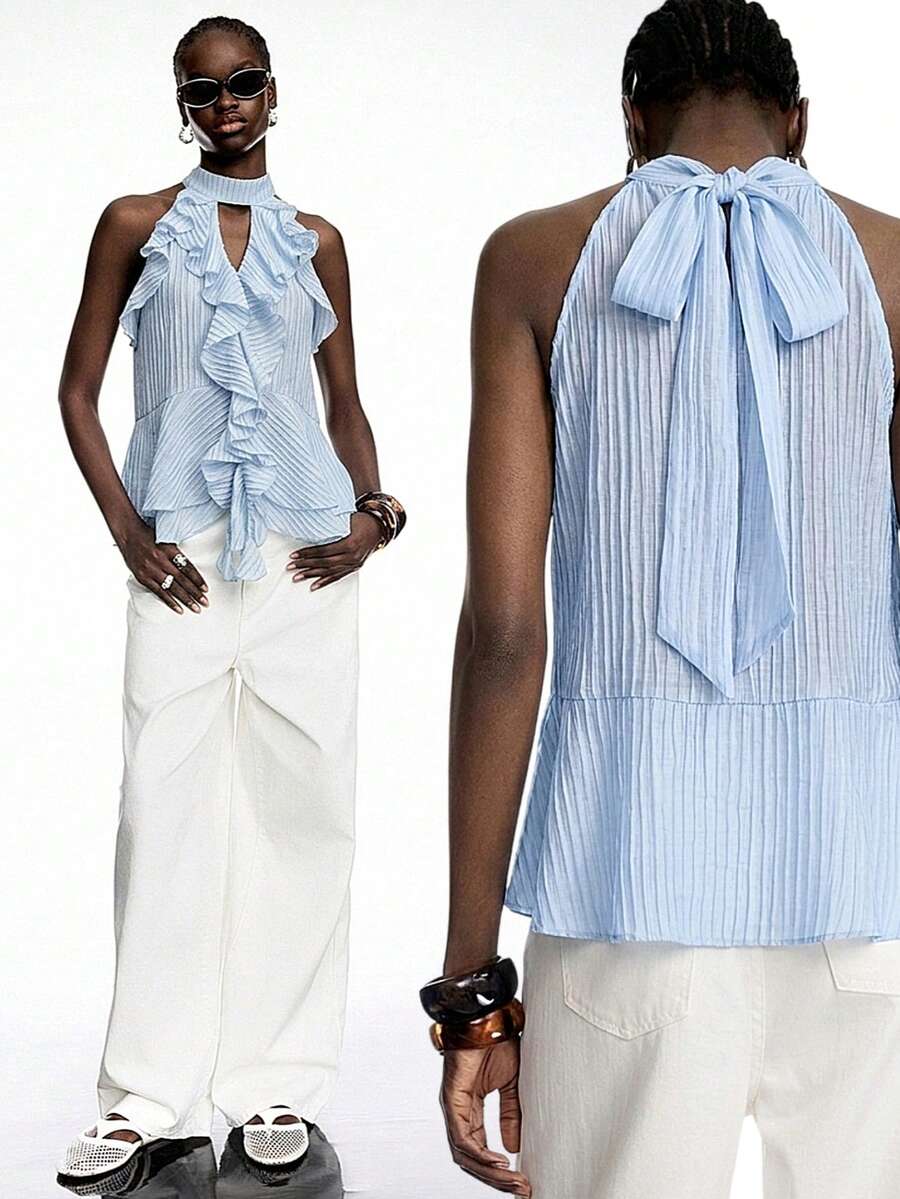 LYSMO Áo hai dây cổ yếm màu trơn viền bèo dành cho nữ - Màu xanh Bạc hà - Xem 1