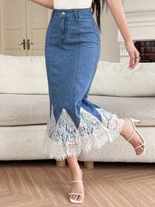 DAZY 春夏闪亮情人节、婚礼、宴会、舞会礼服、时尚派对优雅牛仔美人鱼撞色蕾丝紧身裙 - 藍色 - 查看 1