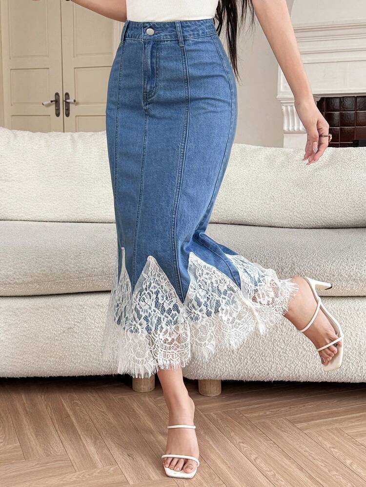 Spring & Summer Shiny Valentine's Day, Wedding, Banquet, Ball Gown, Fashion Party, Elegant Denim Mermaid Contrast Lace Bodycon Skirt