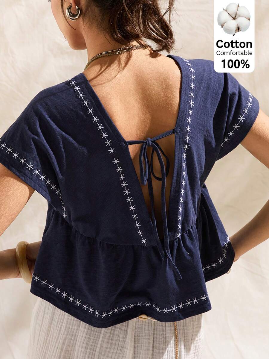 Easelle Áo babydoll nữ cổ chữ V thêu họa tiết tay ngắn kiểu cánh dơi, hở lưng, buộc dây phía trước, thích hợp cho bãi biển và kỳ nghỉ. - Xanh đậm - Xem 1
