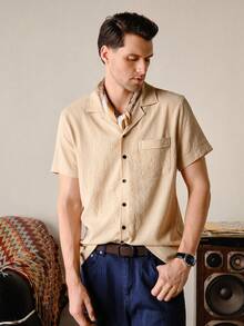 VeloEdit Men's Short Sleeve Printed Casual Shirt Beige Men 2026 New Arrival Camp Collar Button-Up, Trending Spring Summer Textured - Apricot - View 1