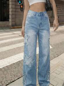 SHEIN EZwear 女士街头风牛仔裤，节日裤，户外节日特色牛仔裤，度假牛仔裤，春夏新款 - 黑色 - 查看 3