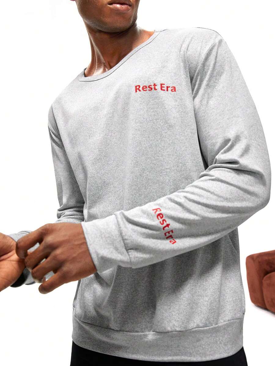 Men's Grey Autumn Casual Crew Neck Long Sleeve Sweatshirt,Rest Era Red Text Print On Chest And Sleeves,Comfortable Fashionable Daily Wear Top - Grey - View 1