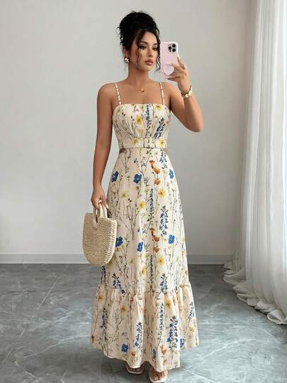 SHEIN Raffinéa 女士印花收腰优雅长裙