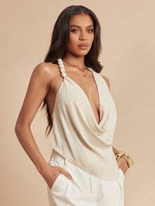 Silquee Women's Elegant Beige Halter-Neck Camisole With Beaded Embellishments,Asymmetrical Backless Hem Linen Camo Tank For Summer,Party Night Beach Sexy - Apricot - View 6