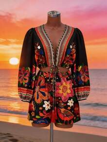 Lunelith SHEIN Lunessa 2pcs Women Printed V-Neck Top And Ankle Length Pants Set - Red - View 2