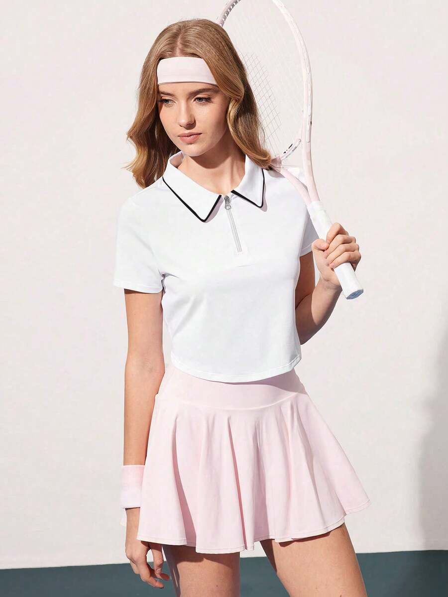 Courtclass 女士纯色短袖 Polo 衫 - 半拉链撞色运动上衣，适合网球、高尔夫训练、跑步和健身