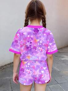 SHEIN 2件套卡通人物女孩，多巴胺渐变紫色星星，K-Pop巨星套装，休闲简约短袖T恤和短裤，适合夏季穿着 - 彩色 - 查看 2