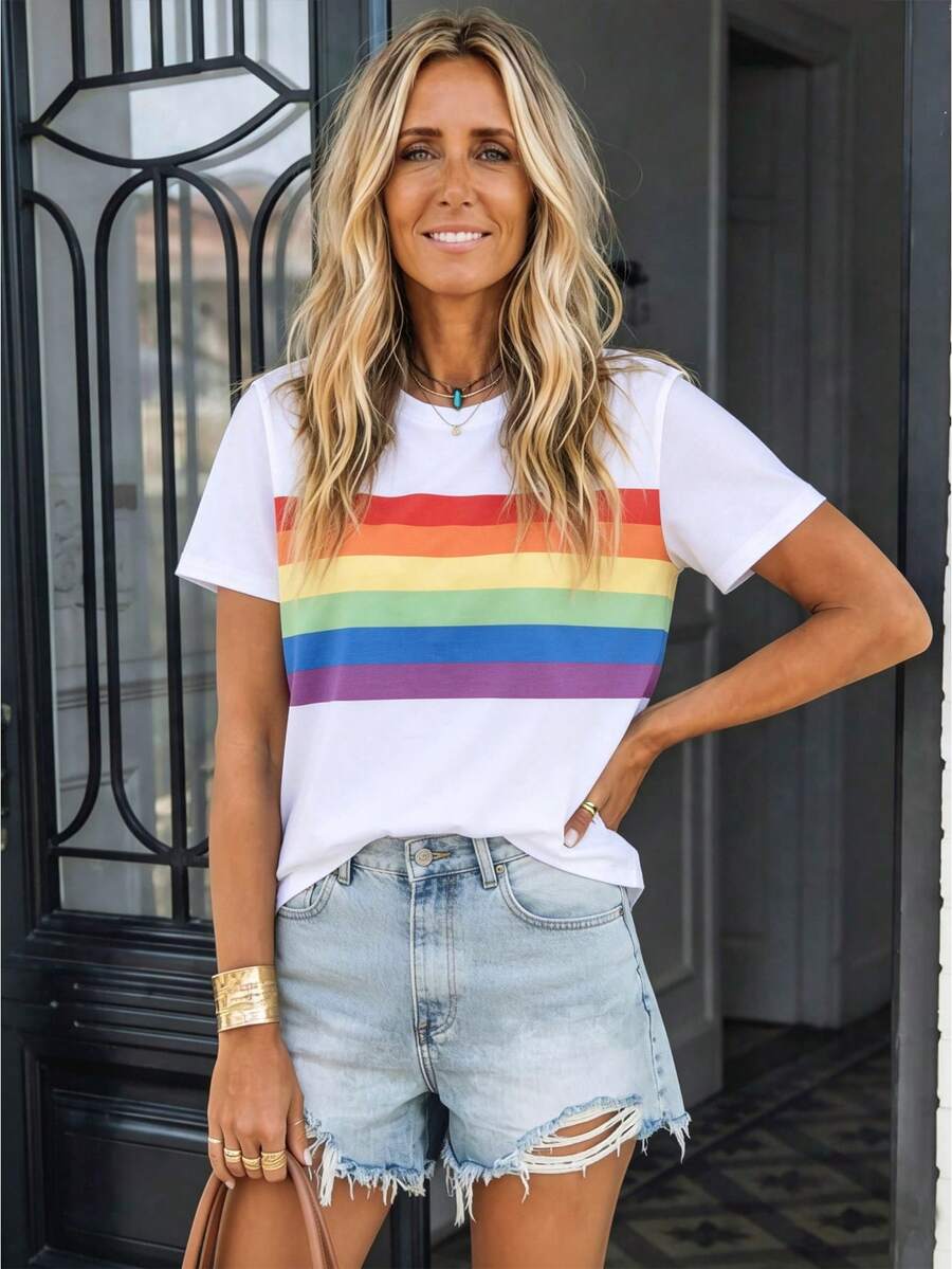 LanaWest 女士圆领彩虹条纹印花侧开衩音乐节T恤 - 杏色 - 查看 1