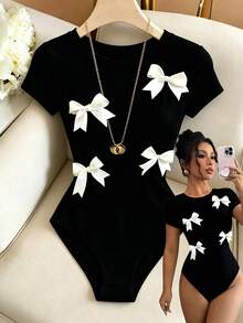 Elenzga Women's Bow Decor Round Neck Short Sleeve Bodysuit - Black and White - View 1