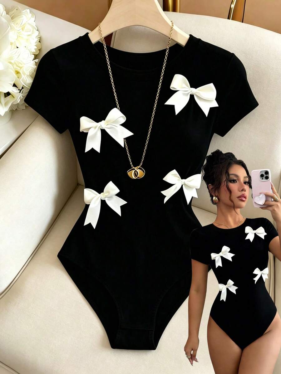 Elenzga Women's Bow Decor Round Neck Short Sleeve Bodysuit - Black and White - View 1