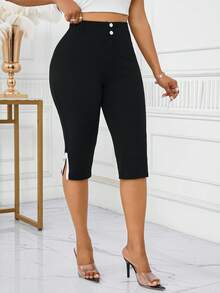SHEIN PETITE CURVE CURVE 大尺碼女款小個子緊身褲，黑白配色高腰休閒緊身褲，適合健身、秋季優雅休閒度假穿搭 - 黑色 - 查看 7