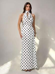 SHEIN Tall 优雅波点印花长连衣裙，配飘逸领口，女士款 - 白色 - 查看 2