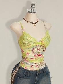 SHEIN ICON Summer Women's Mint Green Going Out Beach Contrast Lace Ruched Y2k Cami Top - Multicolor - View 10
