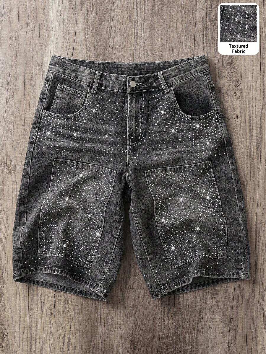 Manfinity Joysei Pantalones cortos vaqueros de pierna ancha con bolsillo con adorno de rhinestones, estilo casual y holgado para hombres - Gris - Ver 1