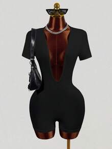 Mistrie 女士纯色深V领休闲日常连体衣 - 黑色 - 查看 4