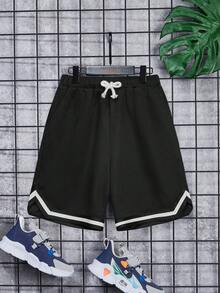 SHEIN Tween Boy Striped Waistband Drawstring Waist Sports Shorts, Summer - Black - View 1