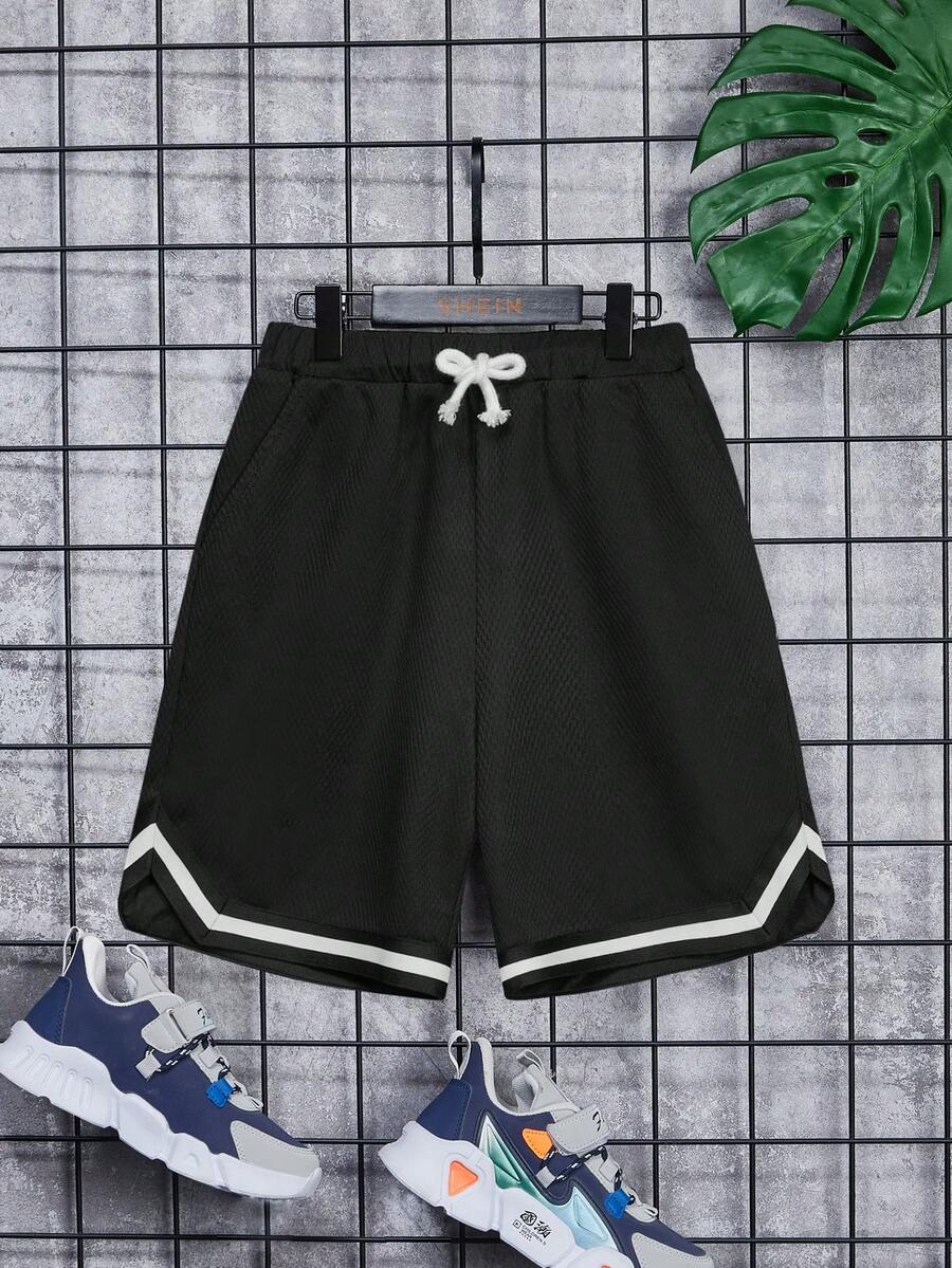 SHEIN Tween Boy Striped Waistband Drawstring Waist Sports Shorts, Summer - Black - View 1