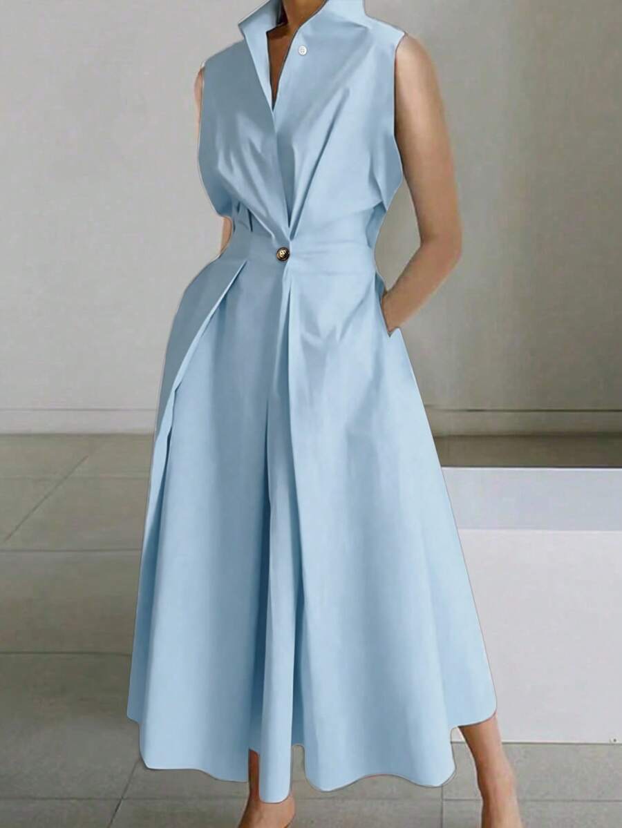 Rafferiza 女士纯色简约日常A字无袖连衣裙，新年服装，长款女装 - 藍色 - 查看 1