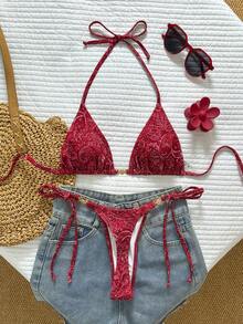 Swim Vcay Bộ đồ bơi hai mảnh dành cho nữ, họa tiết nhiệt đới dễ thương, áo tam giác buộc dây cổ yếm và quần dài với họa tiết vòng tròn kim loại trang trí, bộ đồ bơi thanh lịch cho kỳ nghỉ biển, ngày Valentine. - Nhiều màu - Xem 2