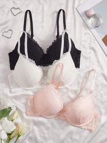 3pcs Women's Fashion Minimalist Heart Lace Wireless Front Closure Bra Set - Multicolor - View 5