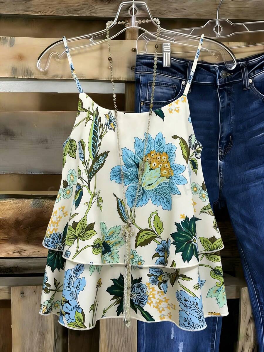 Linhara Áo đầm và áo tank top mùa hè thanh lịch dành cho nữ, chất liệu dệt in họa tiết, cỡ lớn. - màu xanh lá - Xem 1