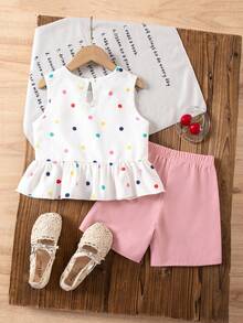 Young Girl Polka Dot Round Neck Ruffle T-Shirt And Shorts Casual Daily Outfit - Multicolor - View 2