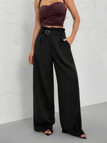 SHEIN PETITE Casual And Versatile Long Pants With Ruffle Details, New Arrival For Winter, High-Waisted, Slimming, Straight-Leg Women's Pants In Black. - Black - View 5