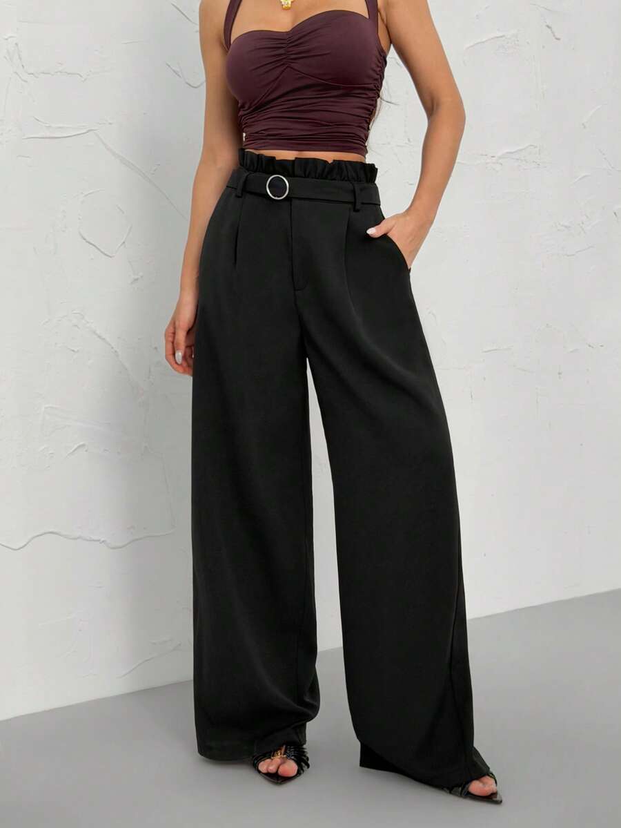 SHEIN PETITE Quần dài nữ dáng suông, thoải mái và đa năng với chi tiết bèo nhún, hàng mới về cho mùa đông, cạp cao, tôn dáng, màu đen. - màu đen - Xem 1