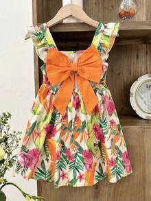 LMoss Kids Gaun Kasual Anak Perempuan Bahan Chiffon Motif Bunga Kecil Kerah Persegi dengan Hem Bergelombang - MultiWarna - View 3