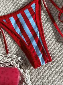 Swim Vcay 2026春夏款吊带红蓝条纹+纯红色抽绳露背高衩两件式比基尼泳衣（女款） - 彩色 - 查看 5