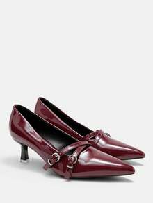 CUCCOO CURVES Women Shoes Wide Fit Fashion Pointed Stiletto Burgundy Cross Buckle Simple Classic Daily Comfort Fattened High Heel Women's Shoes Plus Size - Burgundy - View 1
