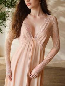 MOTF PREMIUM LACE & SATIN PATCHWORK LONG NIGHTGOWN, SPRING/SUMMER - Dusty Pink - View 4