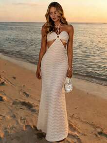 Glamine Elegant Cream White Halter Tie Crochet Maxi Dress,Summer Casual Cutout Beach Vacation Long Dress,Holiday Resin Decor Button Party Dress - Cream - View 5