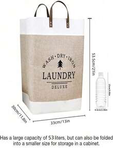 1pc Linen Large Capacity Laundry Basket , Clothes Patchwork Letter Printing Collapsible Laundry Basket With Leather Handles ,For Storage Toys And Clothing In Bedroom, Bathroom Foldable Laundry Hamper,Country Style,53L Large Capacity - Beige - View 8