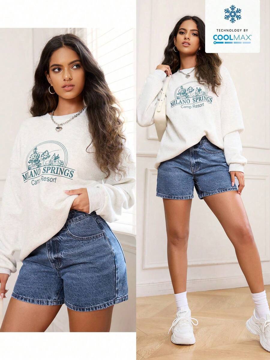 SHEIN PETITE 女款休閒日常通勤百搭牛仔短褲,夏季,小個子女性 - 中等水洗藍 - 查看 1