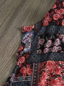 Rusticease Plus Size Women's Vacation Style Patchwork Floral Print Side Slit Loose Long Beach Dress - Blue Day - View 4