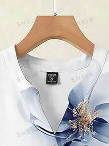 EMERY ROSE Casual Blue And White Plus Size Co-Ord Set Notched Neck Blouse With Roll Up Sleeves And Long Woven Fabric Pants For Summer - Blue and White - View 4