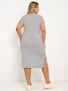 SHEIN Maternity Plus Size Striped Round Neck Short Sleeve Side Knot Casual Dress Summer Dresses Work Outfits - Black and White - View 2