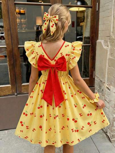 Vestido de estilo vacacional para niñas preadolescentes, con mangas de volantes grandes, estampado colorido, cuello en V con flecos, patchwork de colores contrastantes y lazo en la espalda, adecuado para vacaciones, fiestas, uso diario, viajes y temporada de bodas