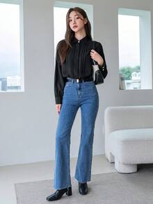 DAZY Women's Casual Business Solid Color Long Sleeve Shirt,Fall Clothes,Back To School Clothes - Black - View 5